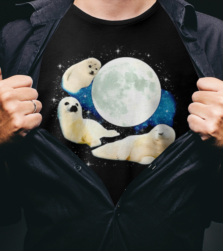 Adorable Seals Playfully Resting Under A Radiant Full Moonlit Sky With Cosmic Backdrop T-Shirt