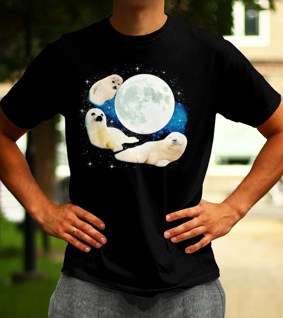 Adorable Seals Playfully Resting Under A Radiant Full Moonlit Sky With Cosmic Backdrop T-Shirt