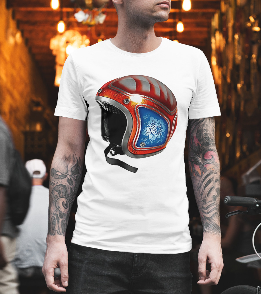 Blue Bloom Racer Helmet Red White Stripes Floral Blossom T-Shirt