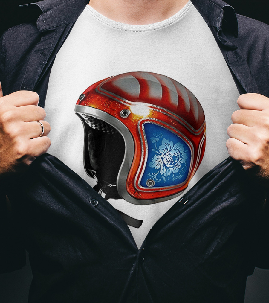 Blue Bloom Racer Helmet Red White Stripes Floral Blossom T-Shirt