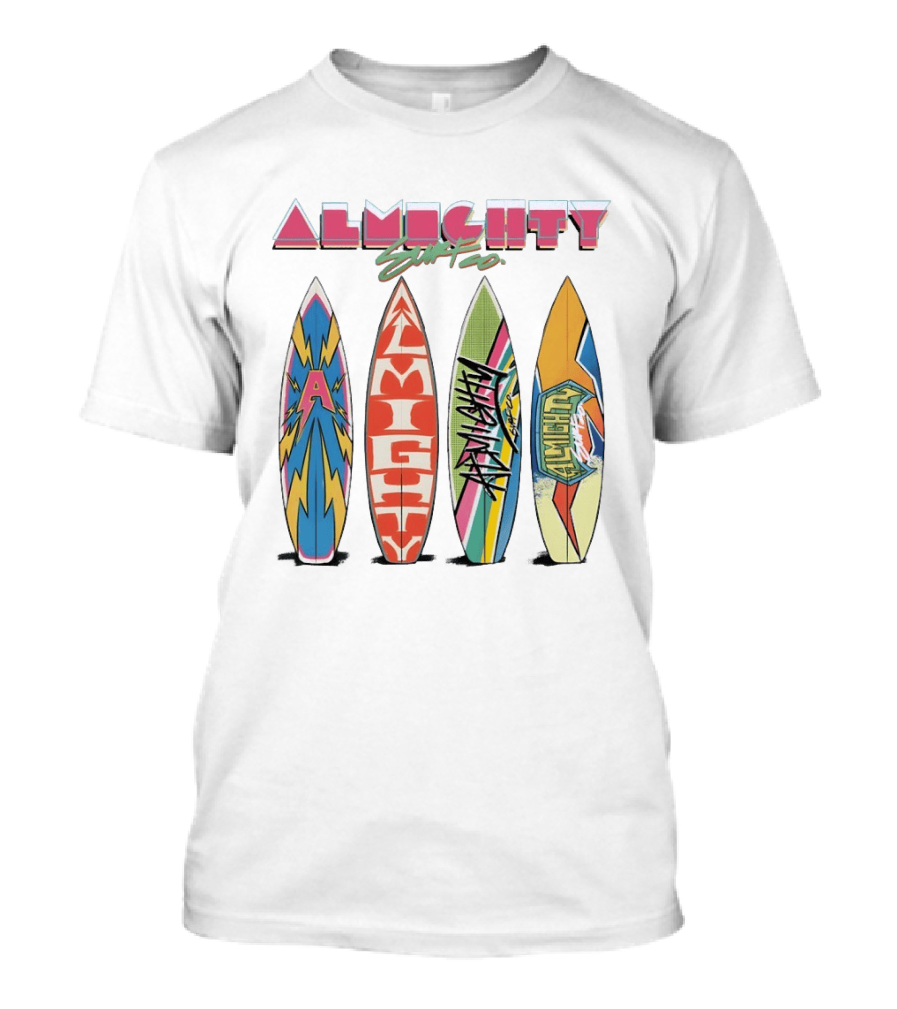 Almighty Surf Co Bold Colorful Surfboards T-Shirt