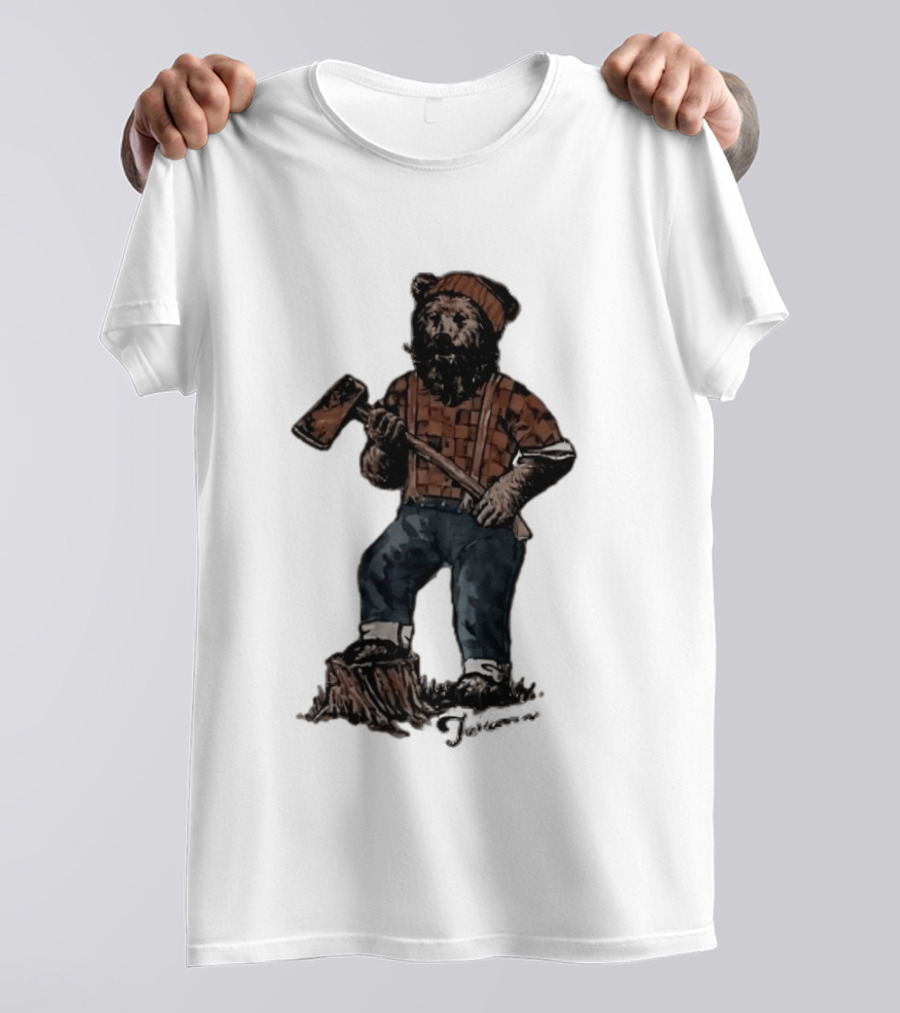 Lumberjack Bear Holding Axe Plaid Denim Jeans Beanie T-Shirt