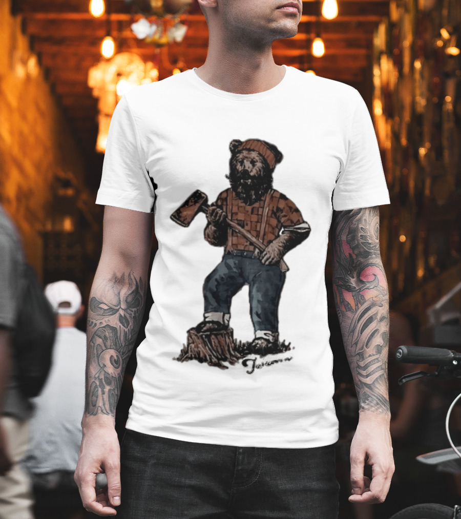 Lumberjack Bear Holding Axe Plaid Denim Jeans Beanie T-Shirt
