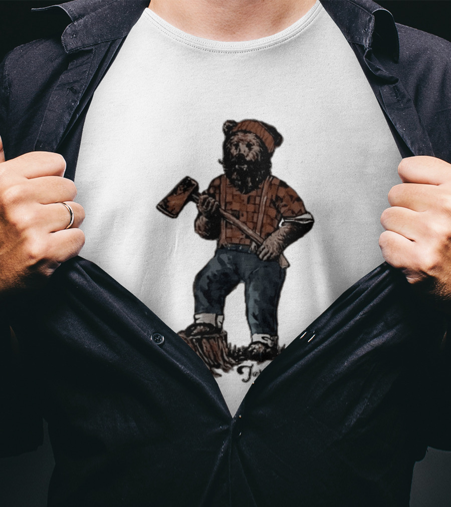 Lumberjack Bear Holding Axe Plaid Denim Jeans Beanie T-Shirt