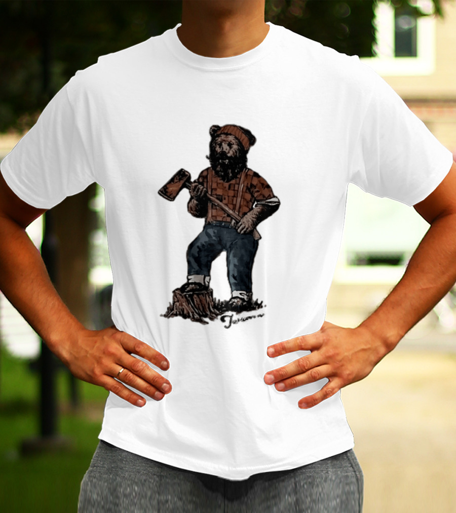 Lumberjack Bear Holding Axe Plaid Denim Jeans Beanie T-Shirt