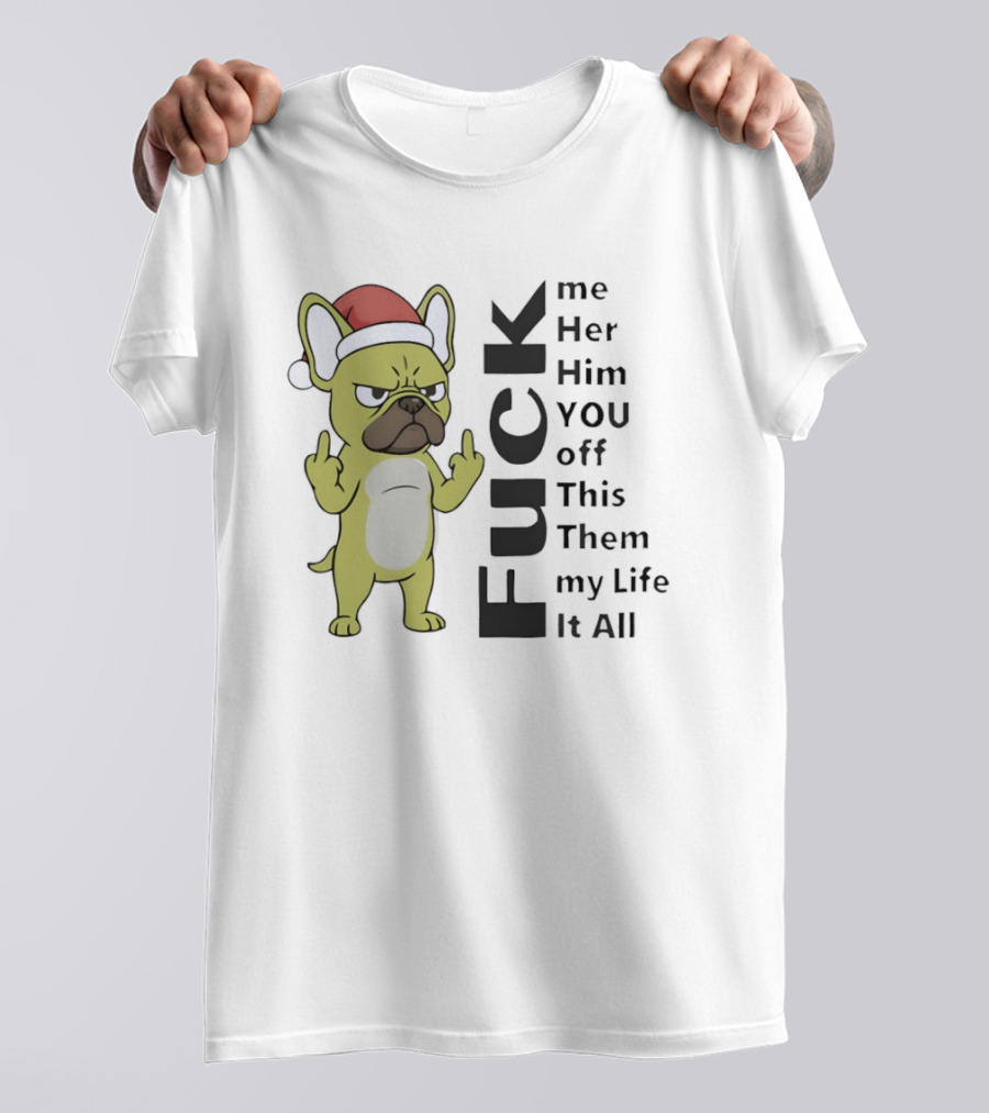 Pug Dog Middle Finger Santa Hat Funny Rude Holiday Expression T-Shirt