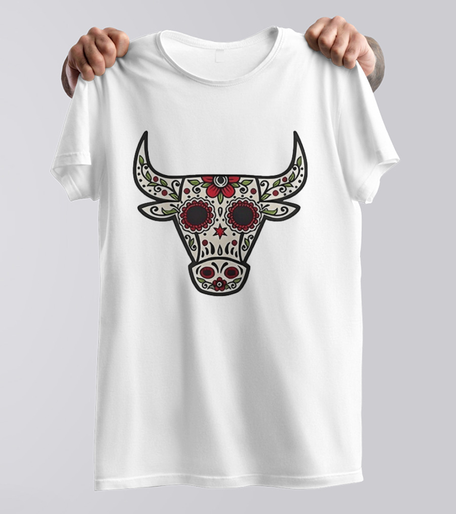 Sacred Bull Sugar Skull Floral Motif T-Shirt