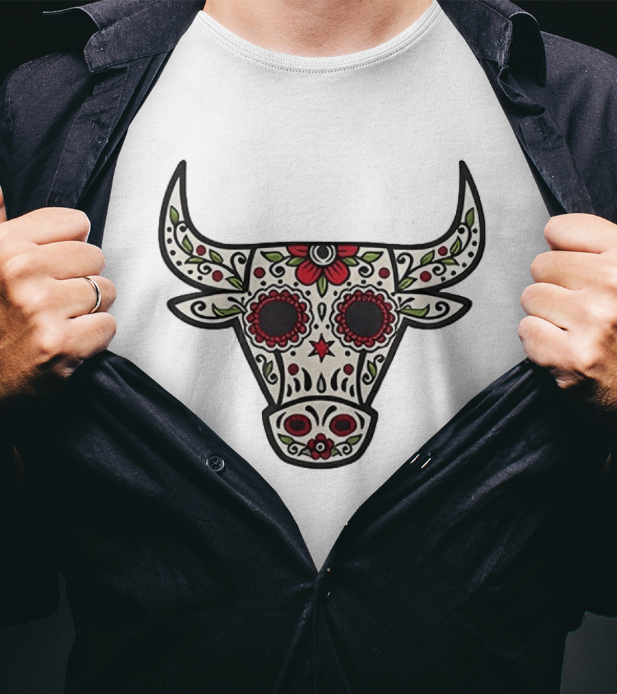 Sacred Bull Sugar Skull Floral Motif T-Shirt