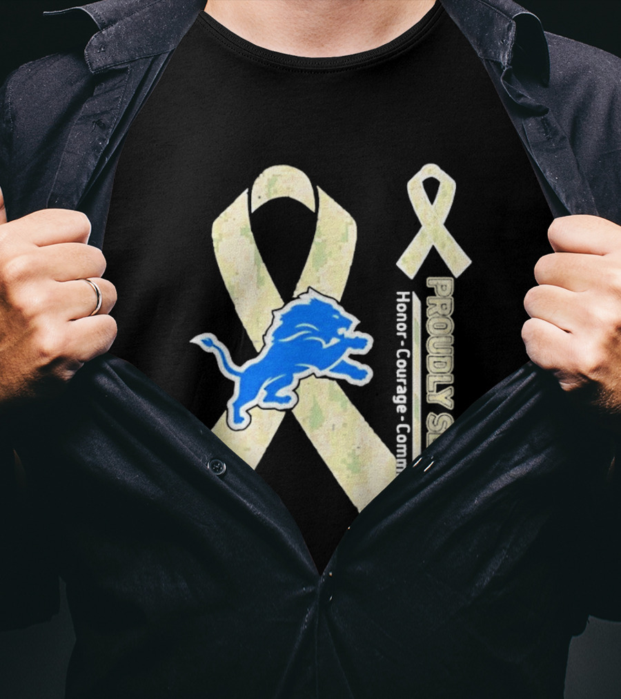 Detroit Lions Camo Ribbon Proudly Served Honor Courage Commitment T-Shirt