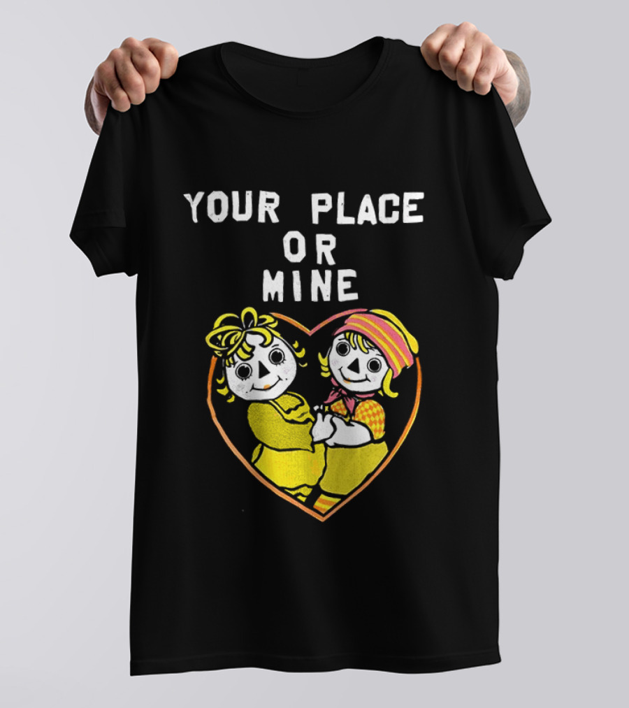 Your Place Or Mine Romantic Cartoon Couple In Heart T-Shirt