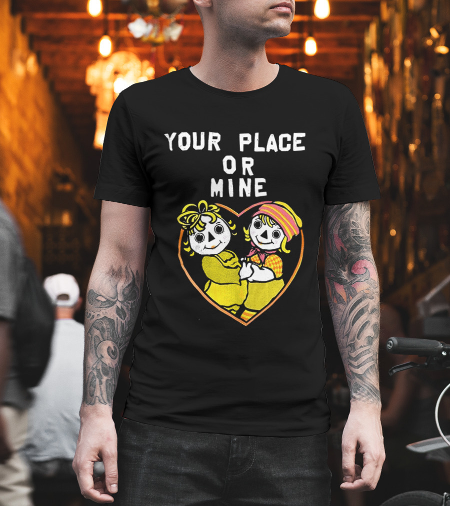 Your Place Or Mine Romantic Cartoon Couple In Heart T-Shirt