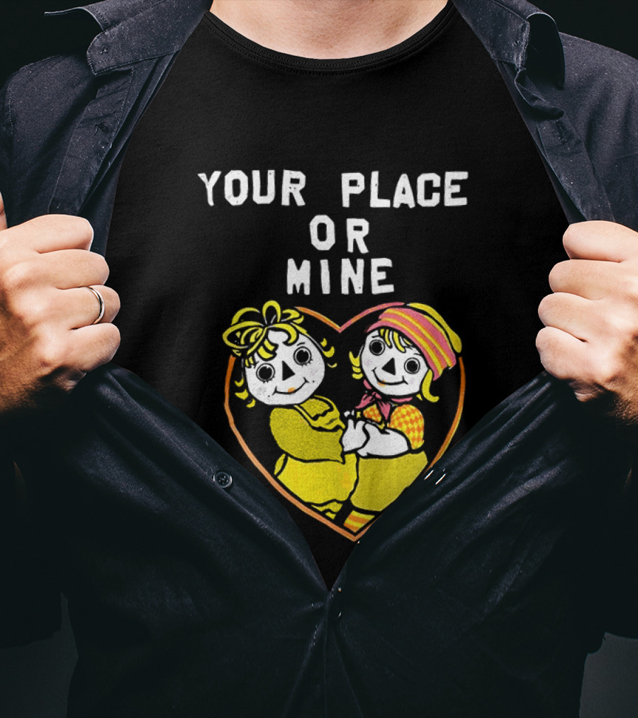 Your Place Or Mine Romantic Cartoon Couple In Heart T-Shirt