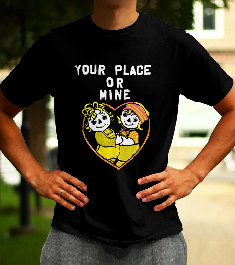 Your Place Or Mine Romantic Cartoon Couple In Heart T-Shirt
