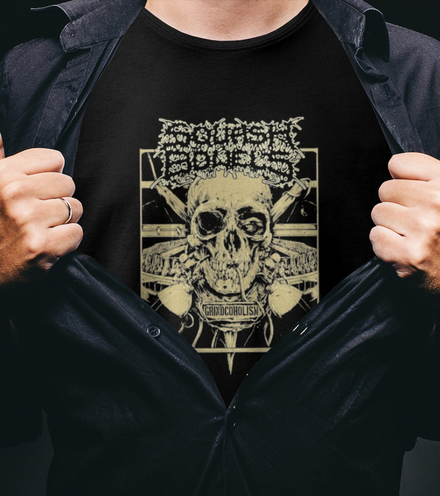 Squash Bowels Grindcoholism Skull With Crossbones And Spine T-Shirt
