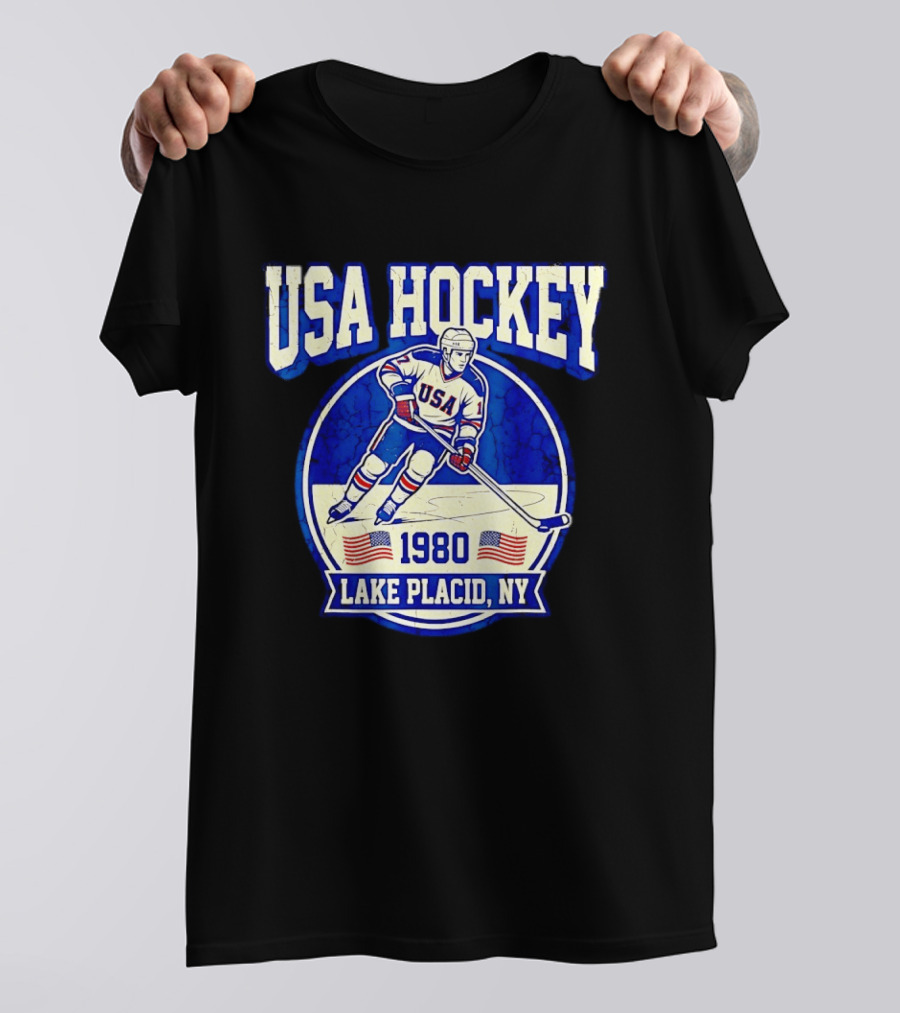 USA Hockey 1980 Lake Placid NY American Flag Ice Skater T-Shirt