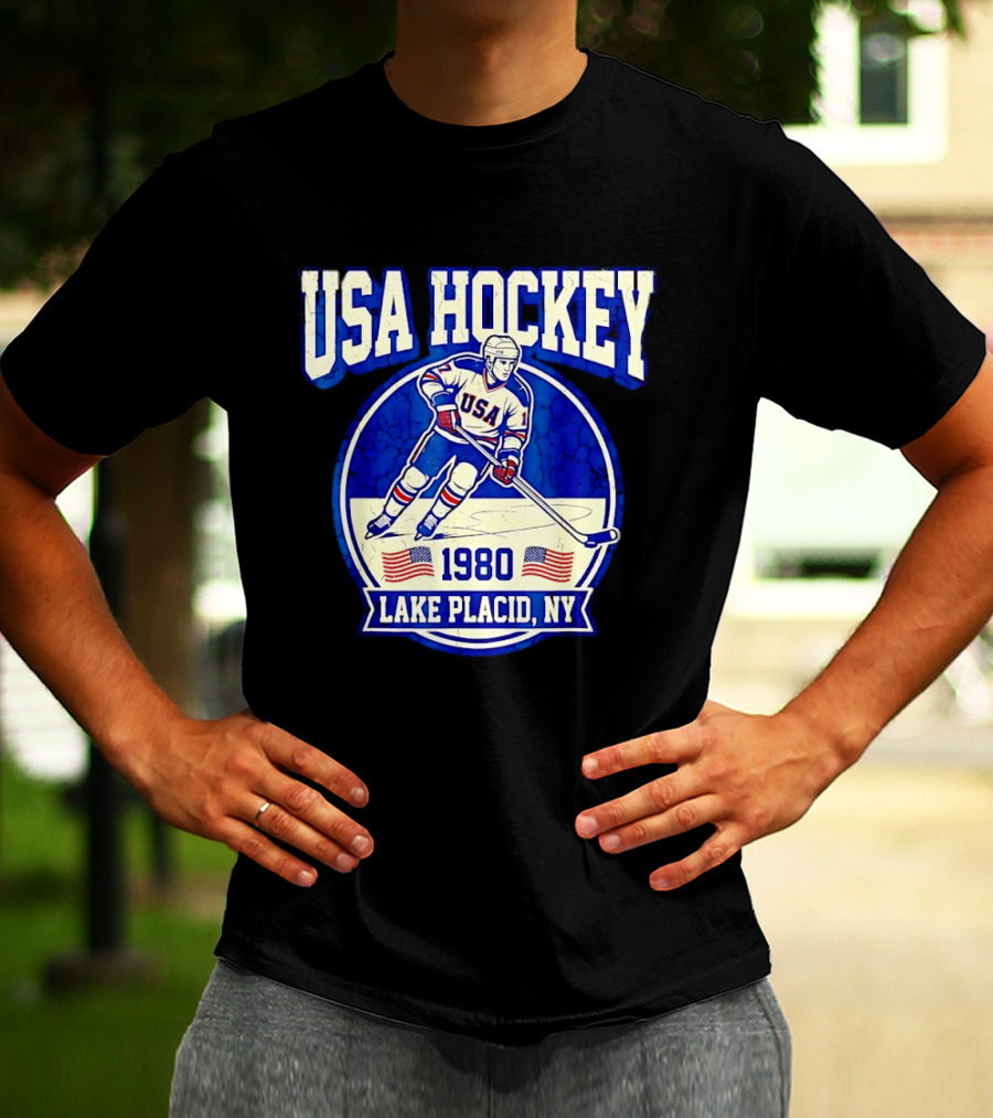 USA Hockey 1980 Lake Placid NY American Flag Ice Skater T-Shirt