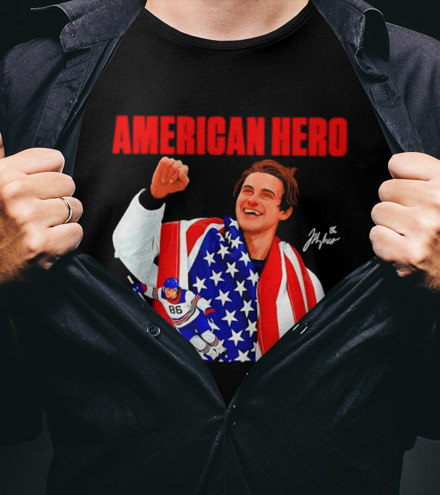 American Hero Jack Hughes USA Flag Hockey T-Shirt