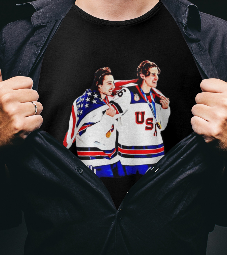 USA Hockey Golden Jack Hughes Jack Quinn American Flag Celebration T-Shirt