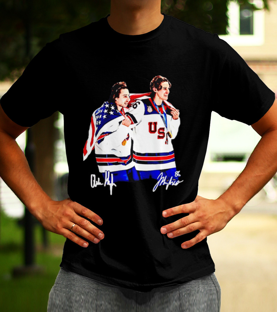 USA Hockey Golden Jack Hughes Jack Quinn American Flag Celebration T-Shirt