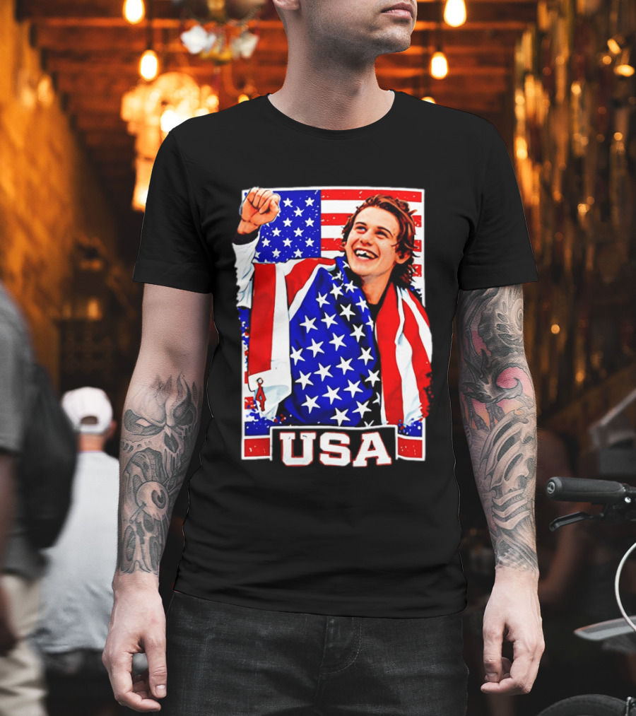 USA Flag Jack Hughes Olympic Hockey 2026 Golden Goal Celebration T-Shirt