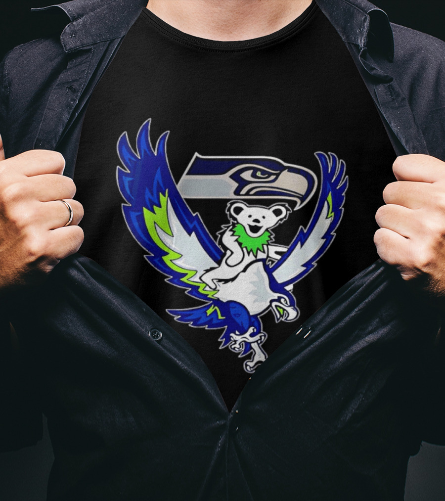 Seattle Seahawks Grateful Dead Bear Riding Seahawk Wings T-Shirt