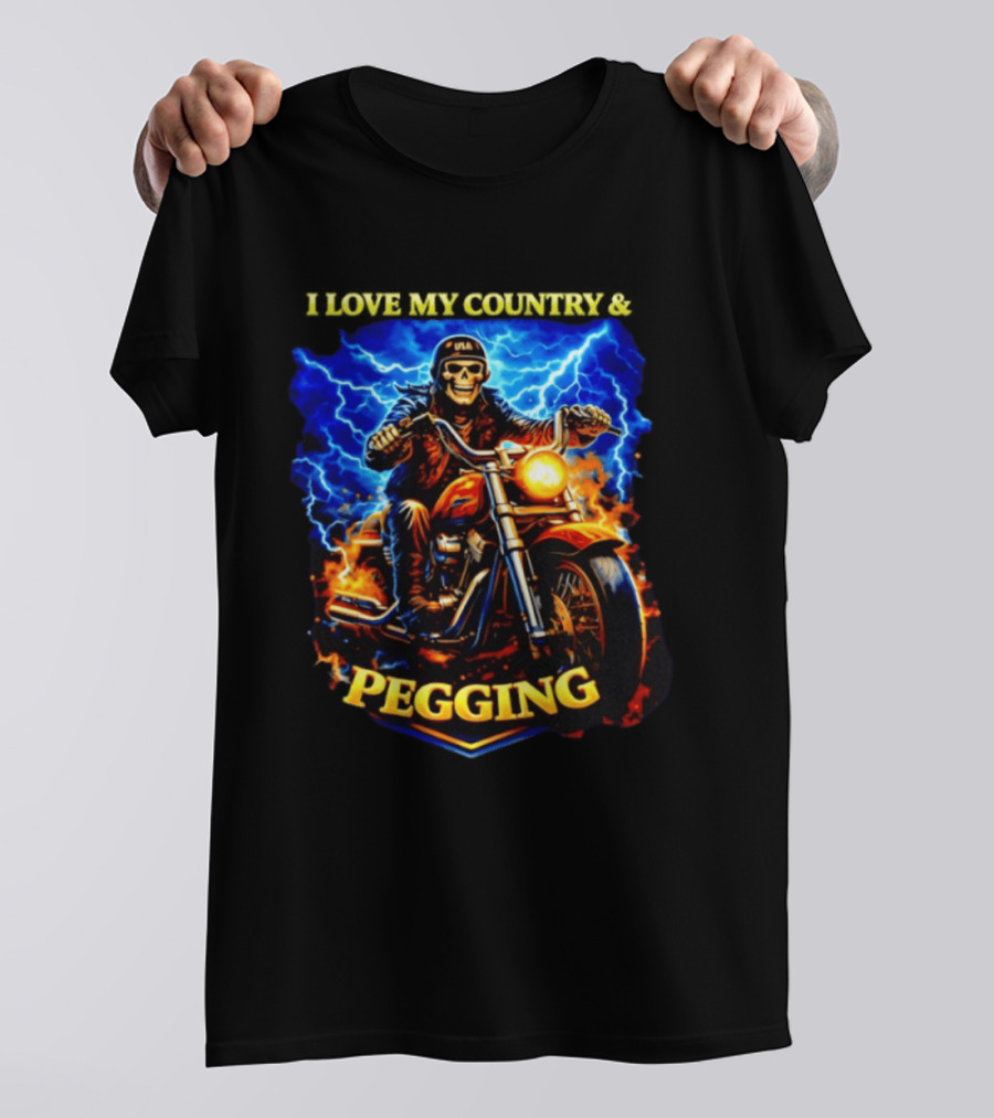 Skeleton USA Biker Riding Motorcycle I Love My Country Pegging T-Shirt