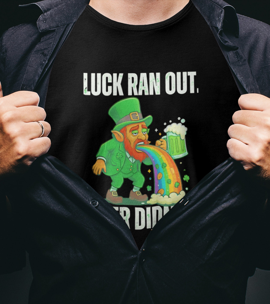 Leprechaun Drinking Beer Vomiting Rainbow Luck Ran Out St. Patrick's Day T-Shirt