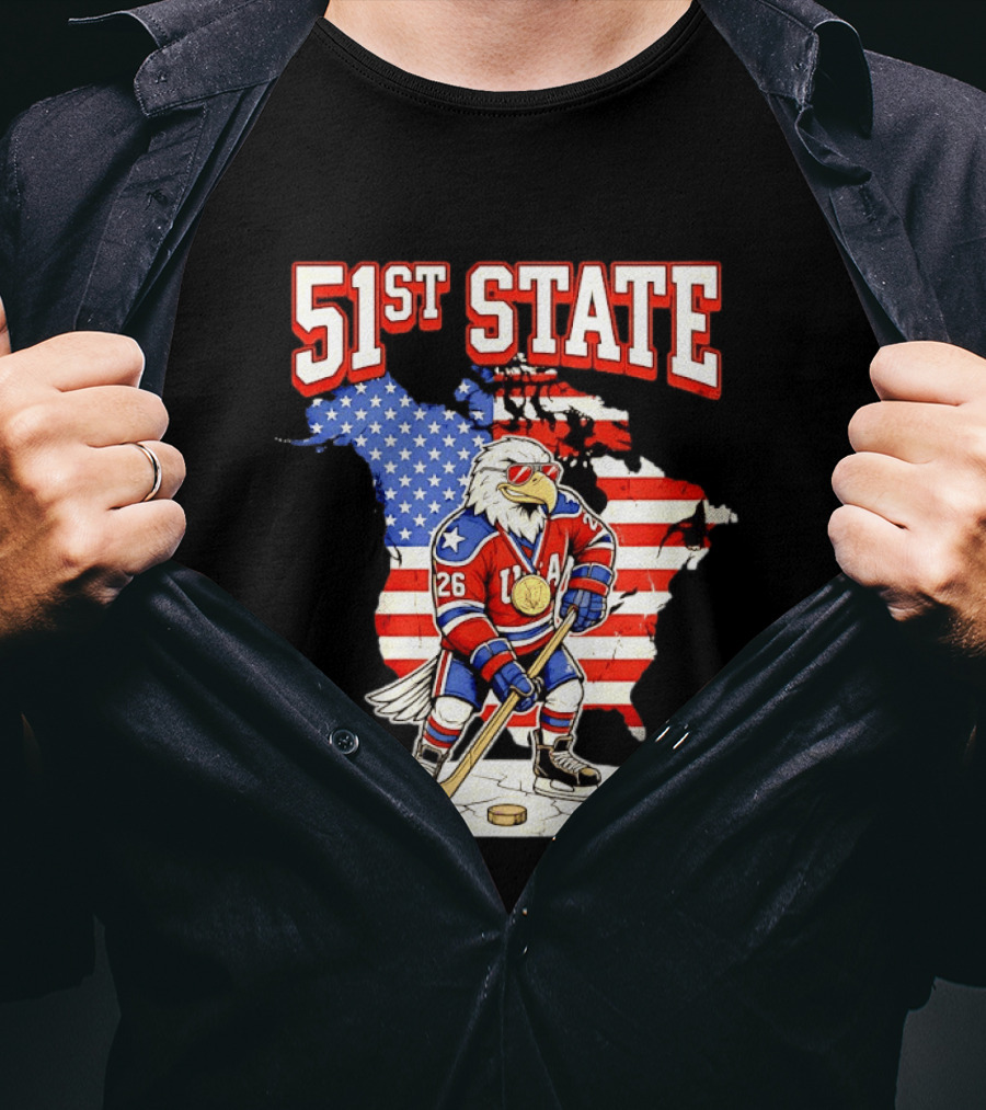 USA Team 51st State Hockey Eagle 26 Gold Medal T-Shirt