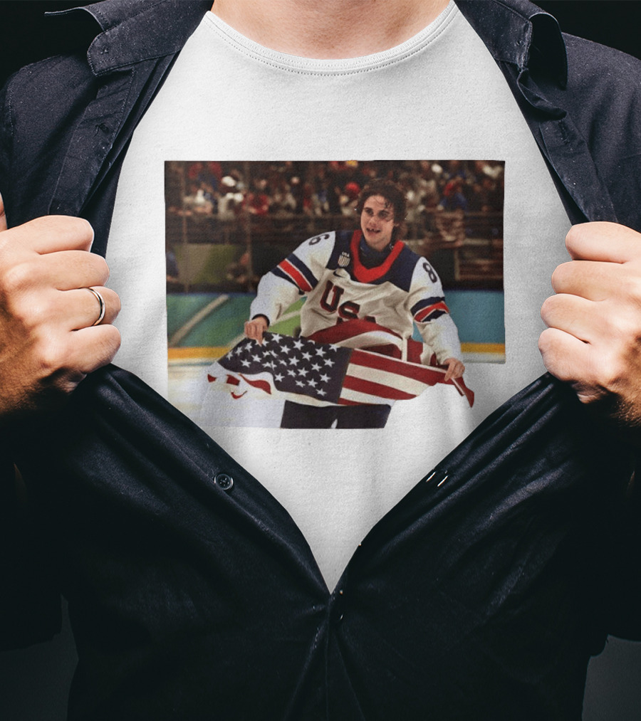 USA Hockey Jack Hughes American Flag Celebration T-Shirt