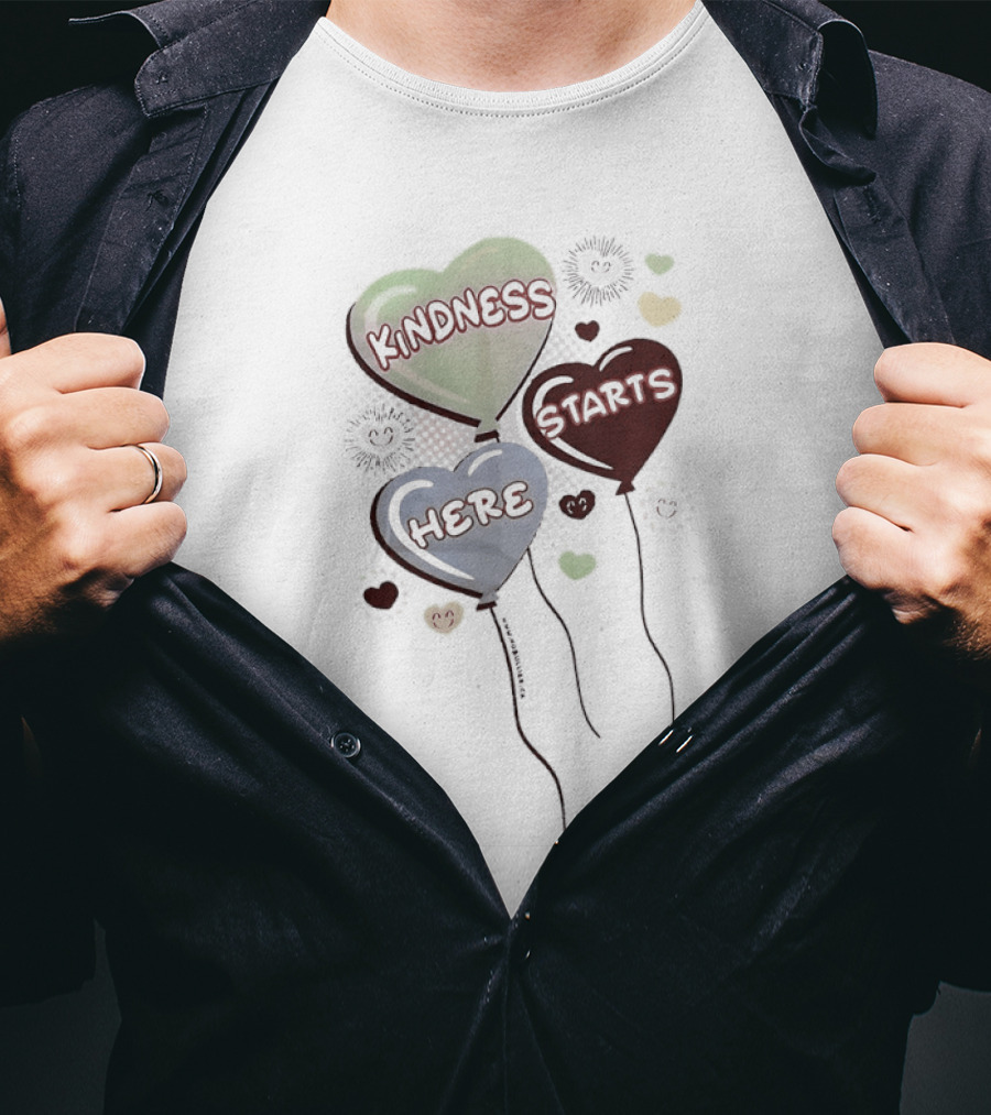 Kindness Starts Here Heart Balloons Colorful Positive Message T-Shirt
