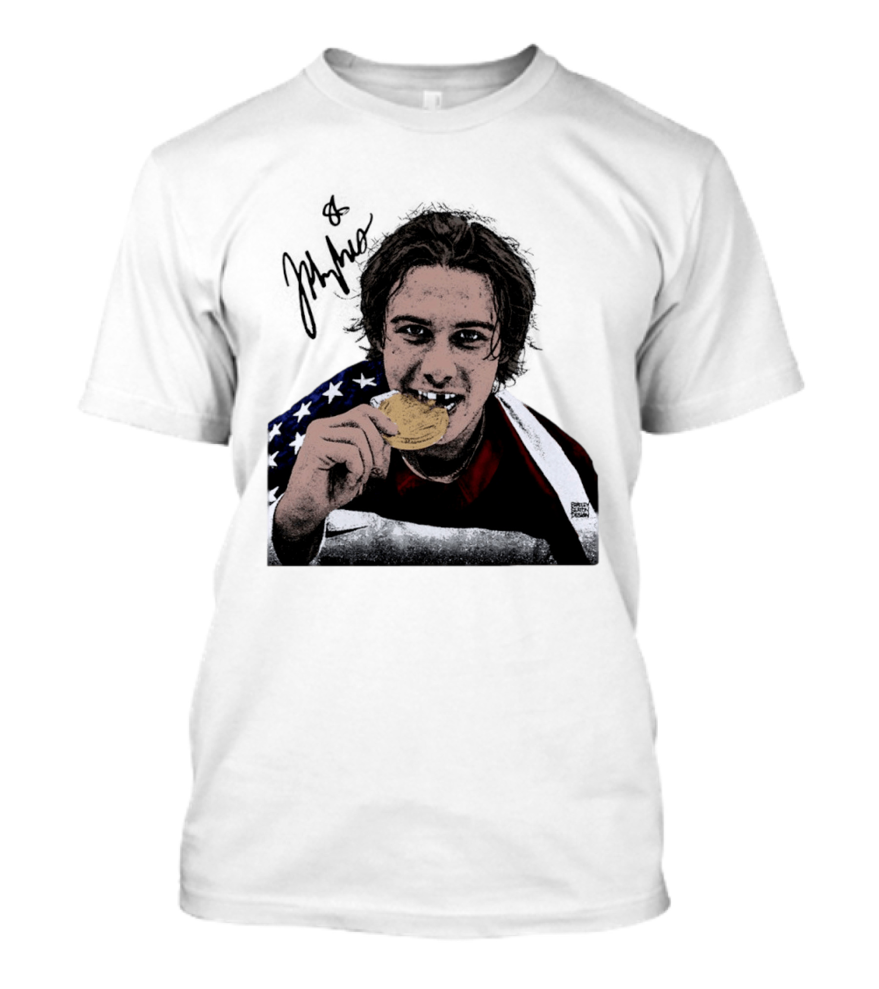 USA Hockey Jack Hughes Gold Medal Bite American Flag T-Shirt