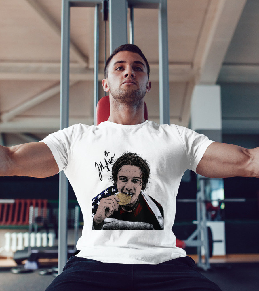 USA Hockey Jack Hughes Gold Medal Bite American Flag T-Shirt