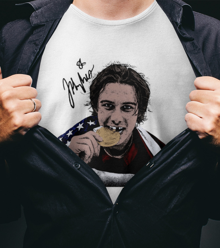 USA Hockey Jack Hughes Gold Medal Bite American Flag T-Shirt