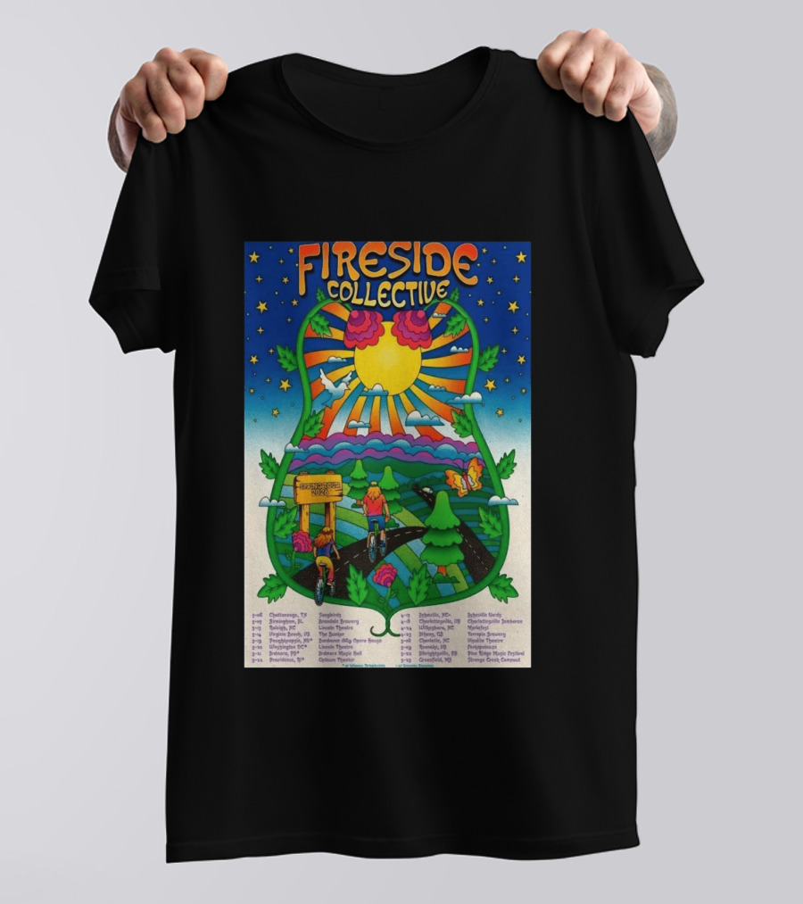 Fireside Collective Spring Tour 2026 Vibrant Cycling Adventure In Scenic Nature Landscape With Sunburst And Stars T-Shirt
