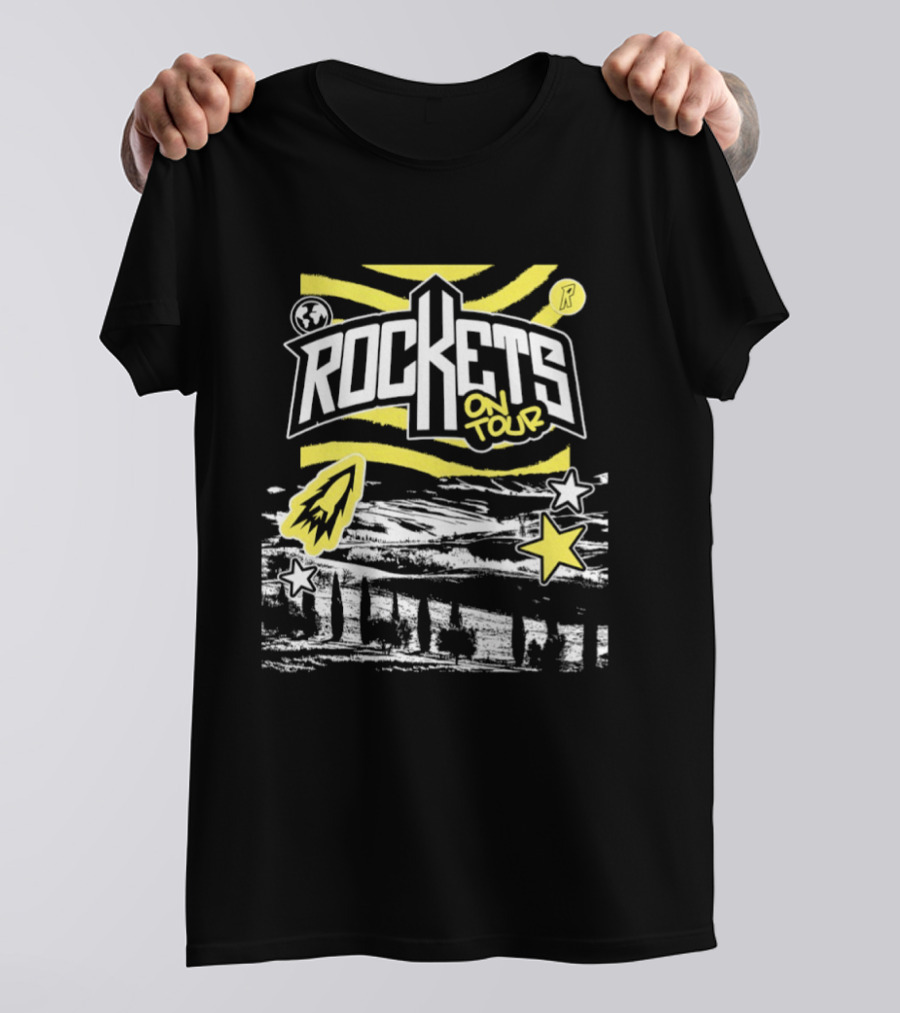 Rockets On Tour Yellow Stars Rocketship Waves Planet T-Shirt