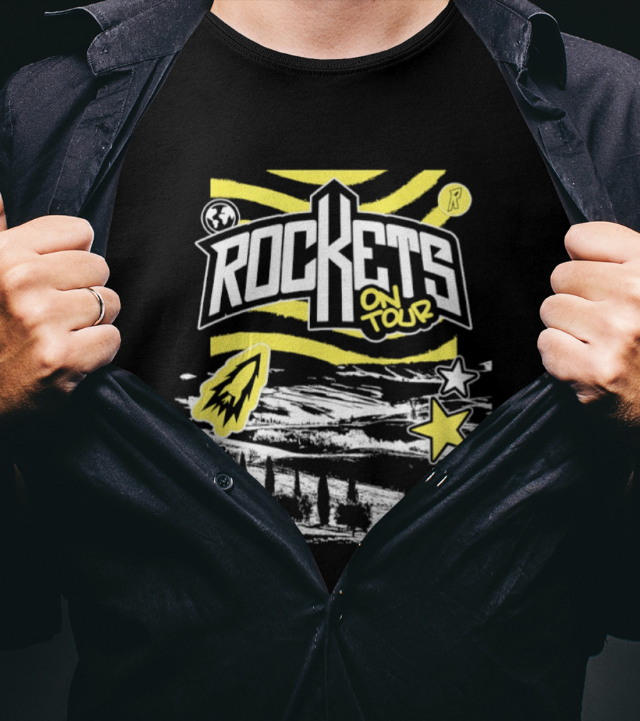 Rockets On Tour Yellow Stars Rocketship Waves Planet T-Shirt
