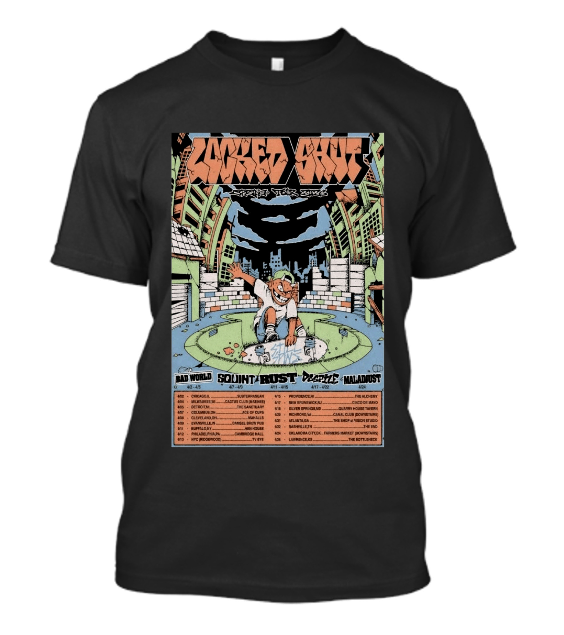 LOCKED SHUT Tour Spring 2026 Skateboarder Urban Scene Bad World Squint Rust Deplete Maladjust Dates T-Shirt