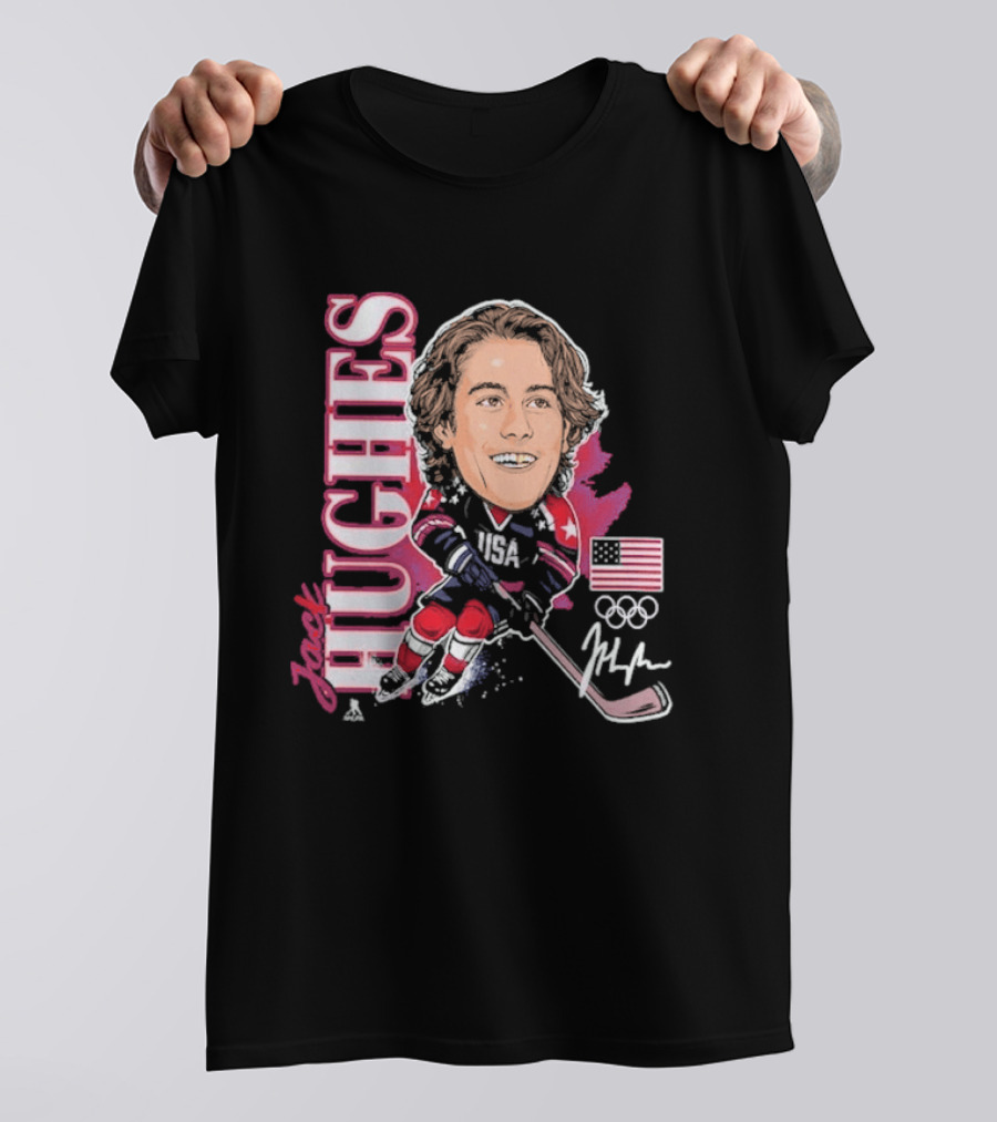USA Hockey Jack Hughes Olympic Gold Medal Caricature With American Flag And Signature T-Shirt