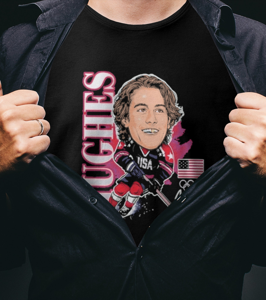USA Hockey Jack Hughes Olympic Gold Medal Caricature With American Flag And Signature T-Shirt
