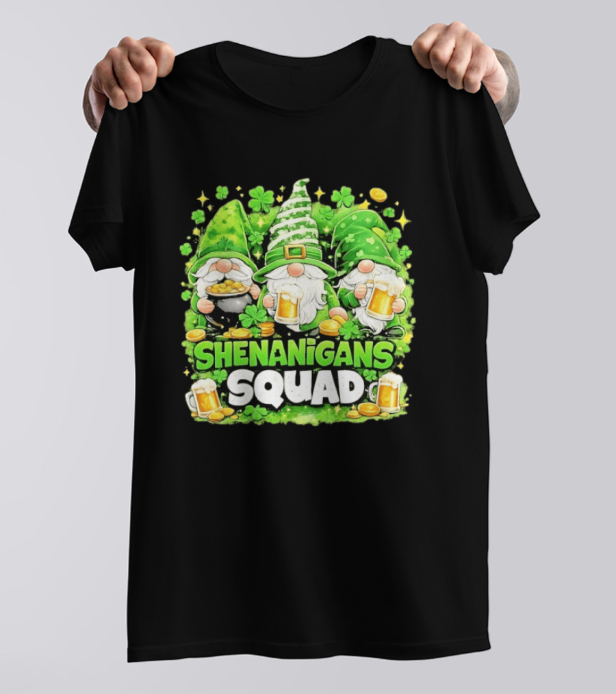 Shenanigans Squad St Patrick's Day Irish Gnomes Beer S And Clover Coins T-Shirt