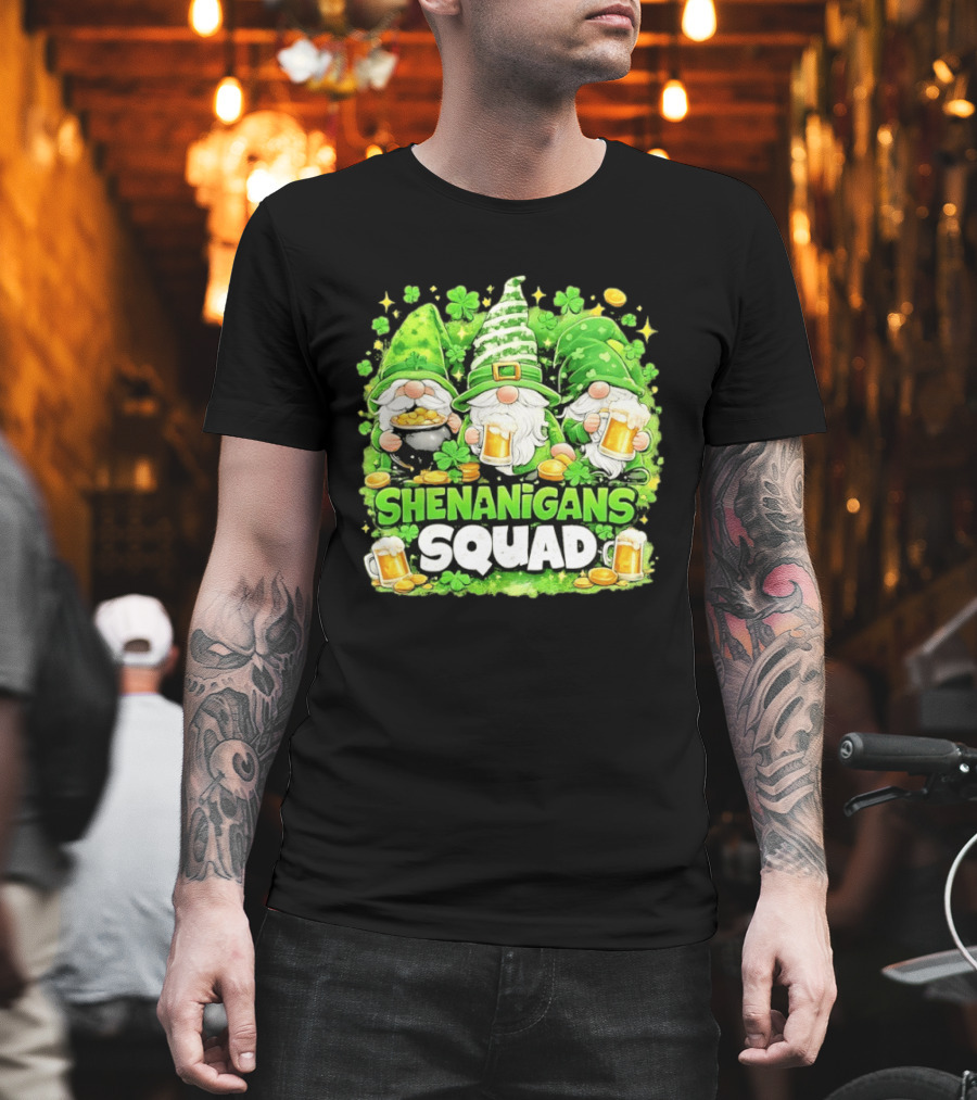 Shenanigans Squad St Patrick's Day Irish Gnomes Beer S And Clover Coins T-Shirt