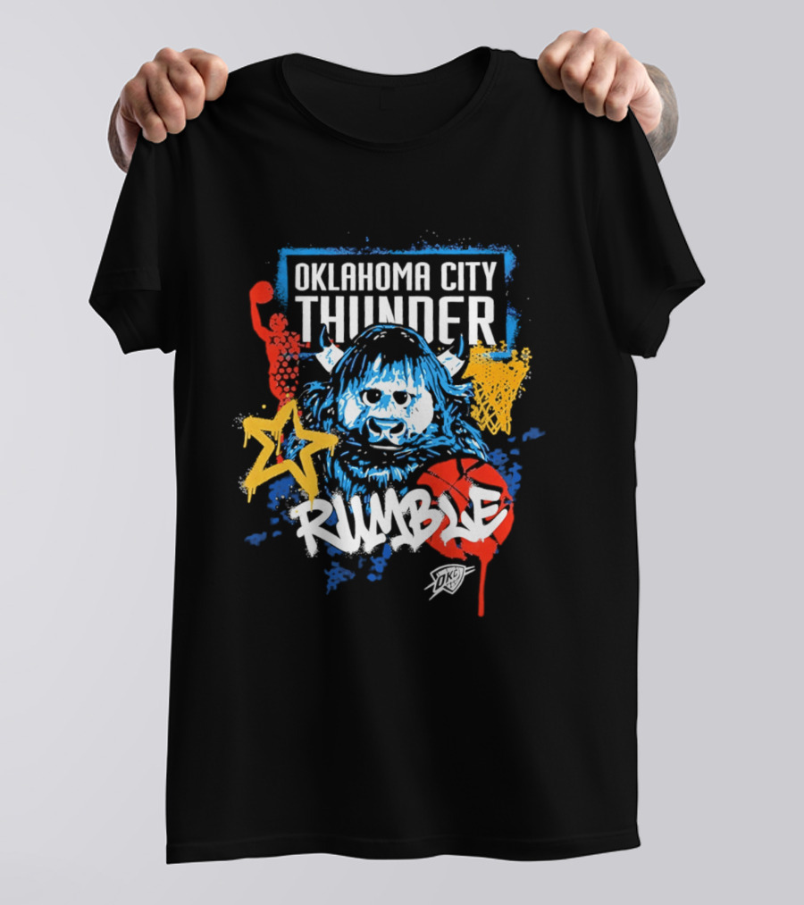 Oklahoma City Thunder Rumble Mascot Art With Stars And Paint Splatters T-Shirt
