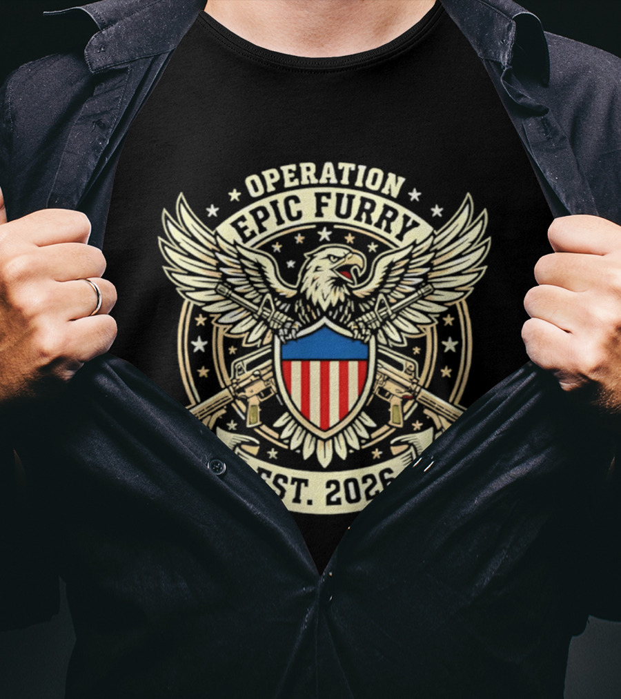 Operation Epic Furry Eagle Emblem Est 2026 Stars And Stripes Shield T-Shirt