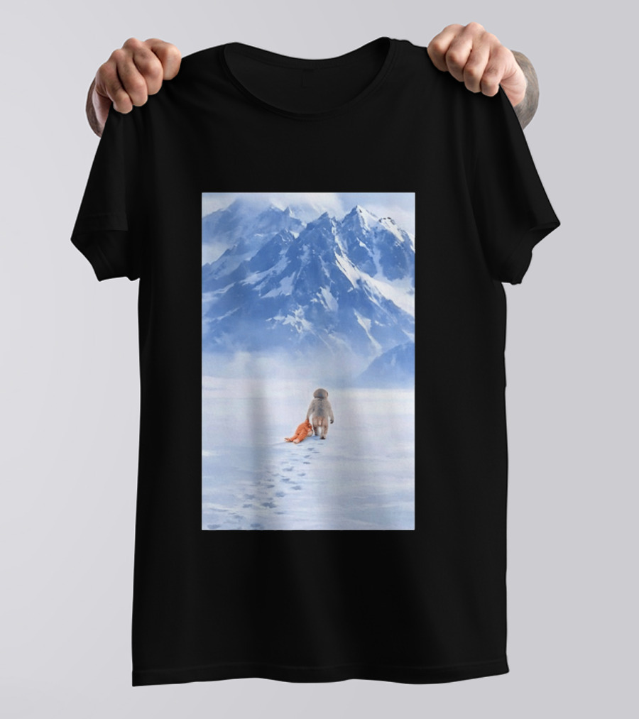 Monkey Holding Stuffed Monkey Alone Walking In Snowy Mountains T-Shirt