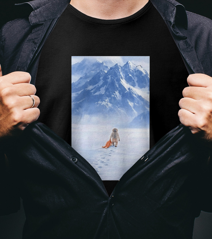 Monkey Holding Stuffed Monkey Alone Walking In Snowy Mountains T-Shirt