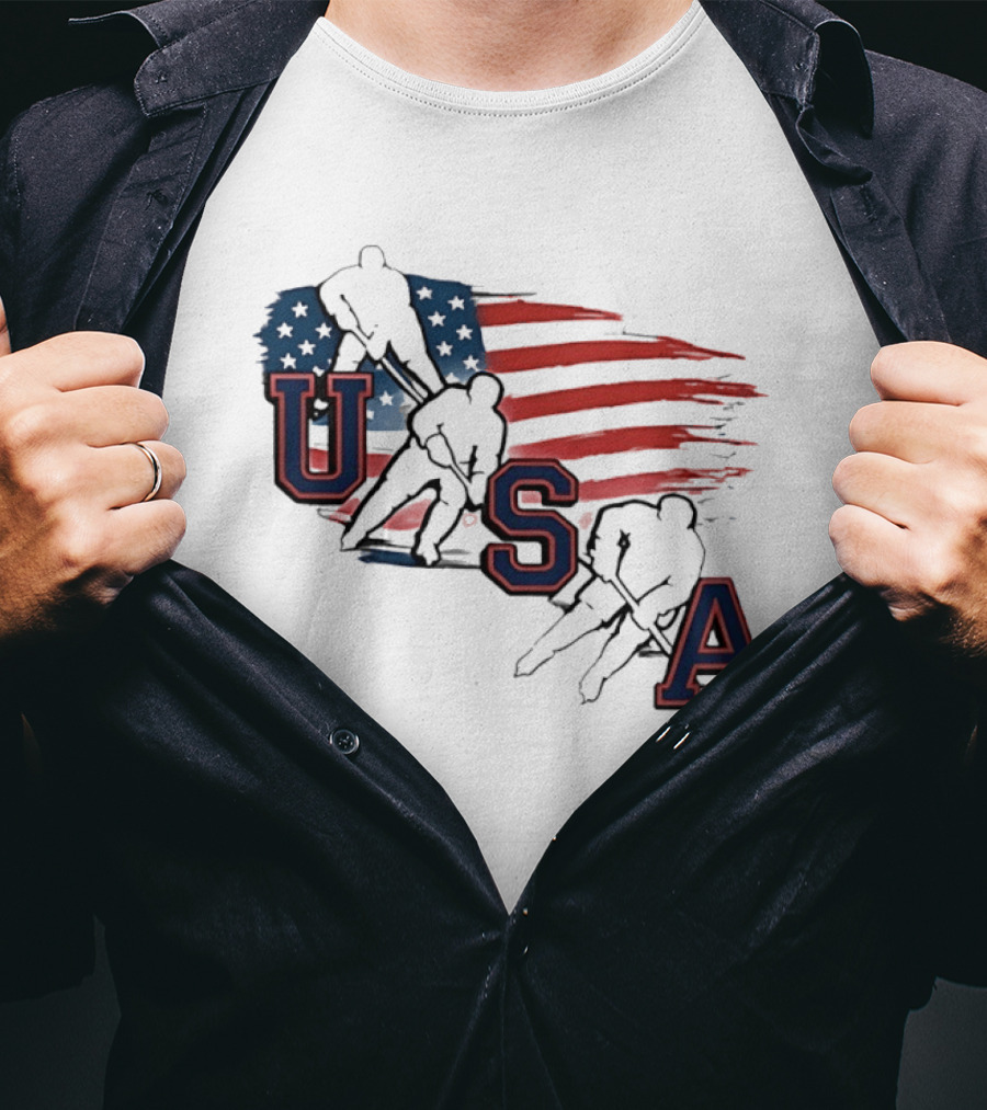 USA Olympic Gold Medal Hockey American Flag Hockey Players T-Shirt