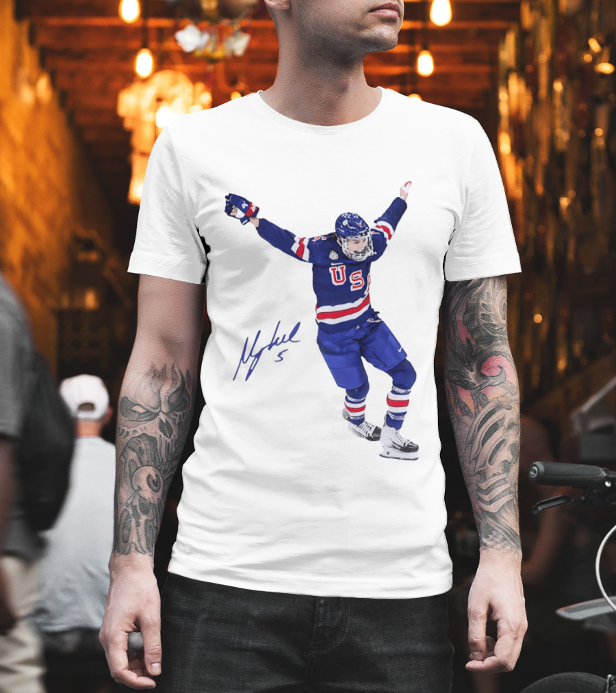 USA Team Hockey Megan Keller Blue Uniform Celebration T-Shirt