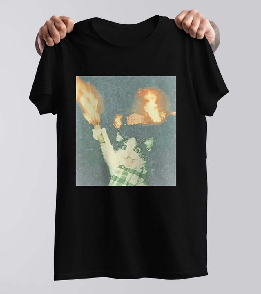 Rebellious Cat Riot Scene With Flaming T-Shirt