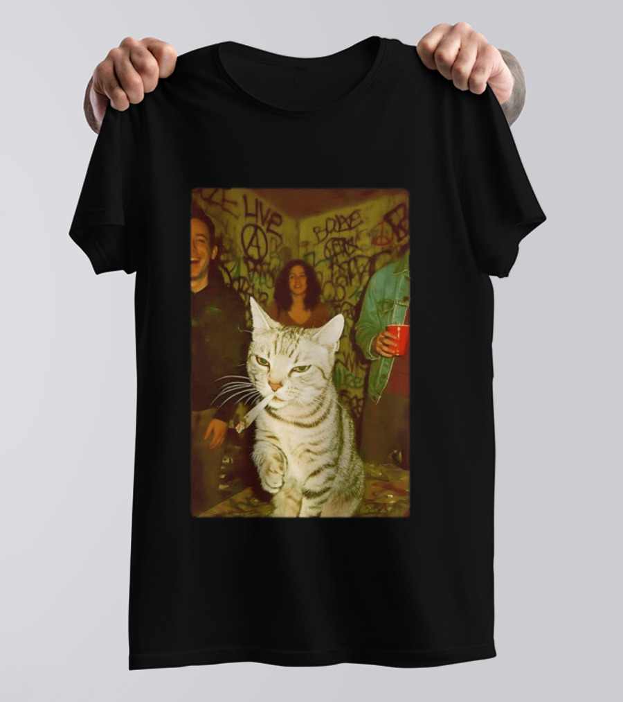 Smoking Tabby Cat Live Punk Party Scene T-Shirt