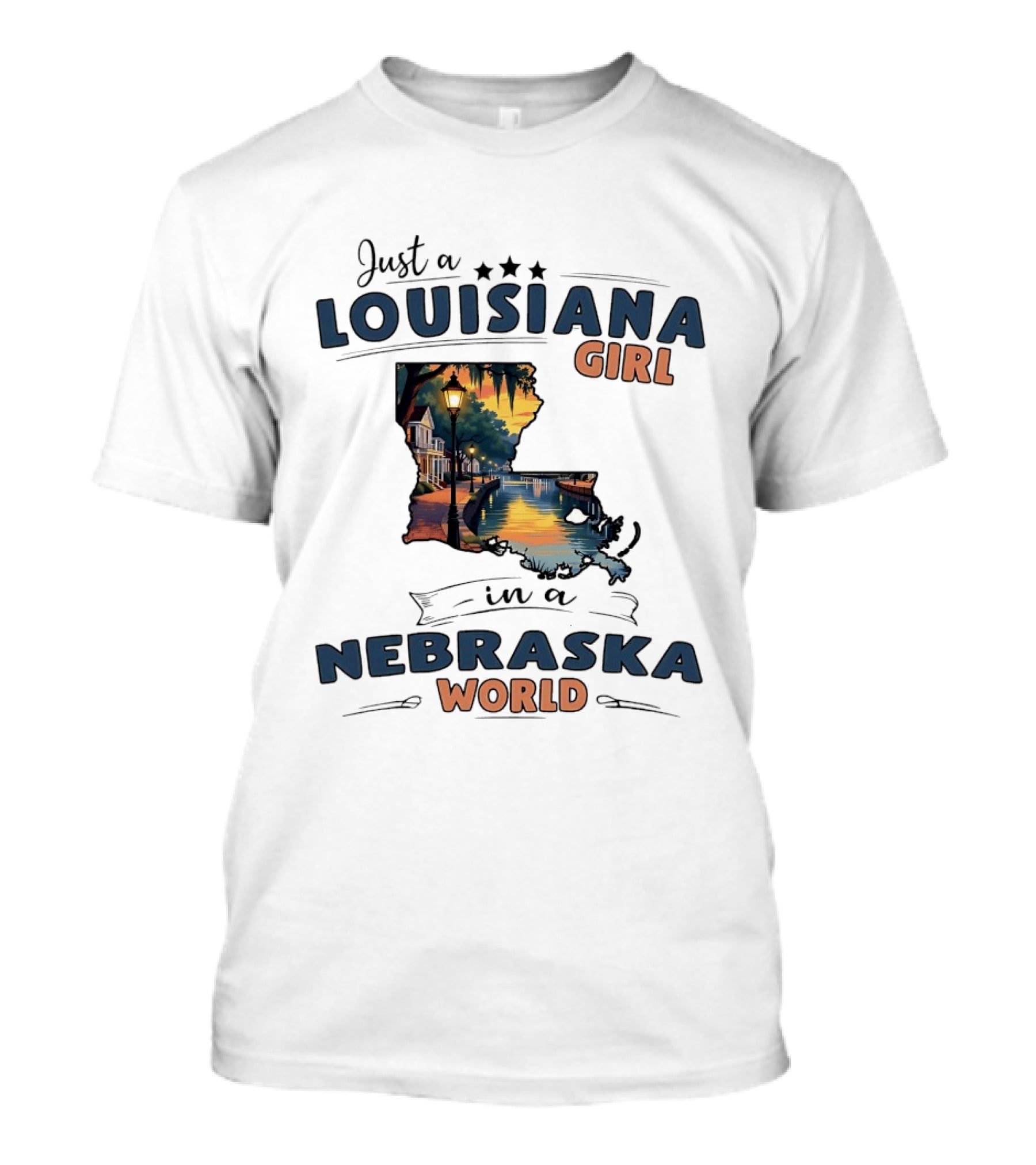 Just A Louisiana Girl In A Nebraska World Scenic Reflection T-Shirt